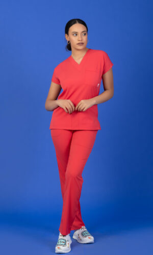 Tek Üst Unisex Kalıp Nar Çiçeği Likralı Hemşire / Doktor Forması Scrubs