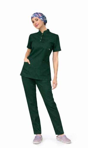 Likralı Koyu Yeşil Slim Fit Bayan Premium Scrubs